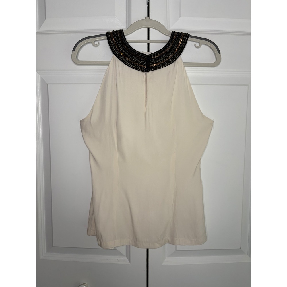 Cache Ivory Silk Blend Halter Top Y2K Chain Sequin Neck Keyhole Blouse Medium